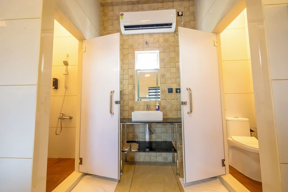 Shower, rainfall showerhead, slippers, bidet