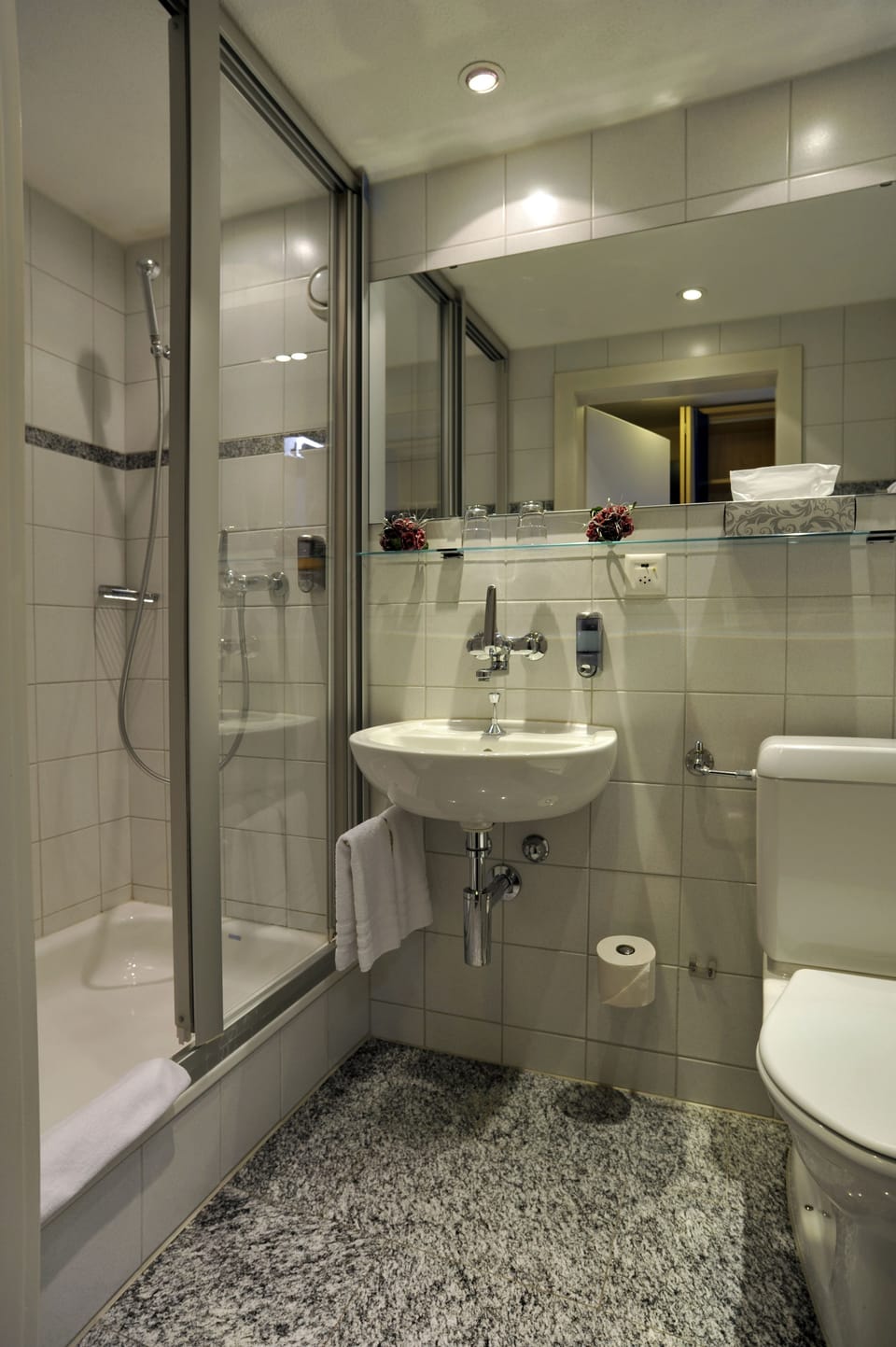 Shower, free toiletries, hair dryer, towels