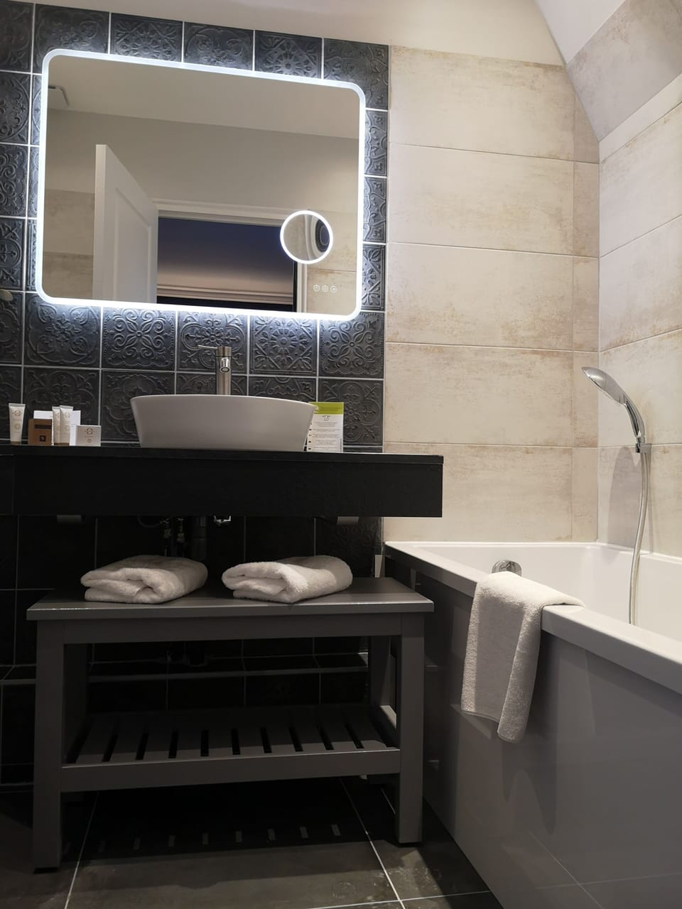 Hair dryer, bathrobes, towels, shampoo