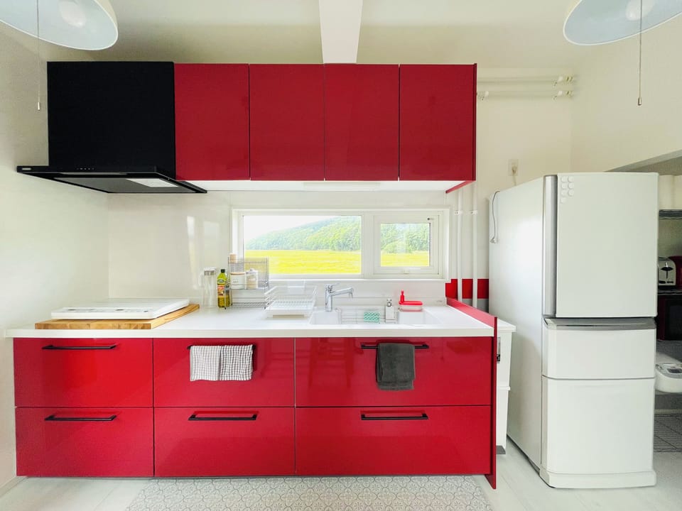 Fridge, microwave, stovetop, electric kettle