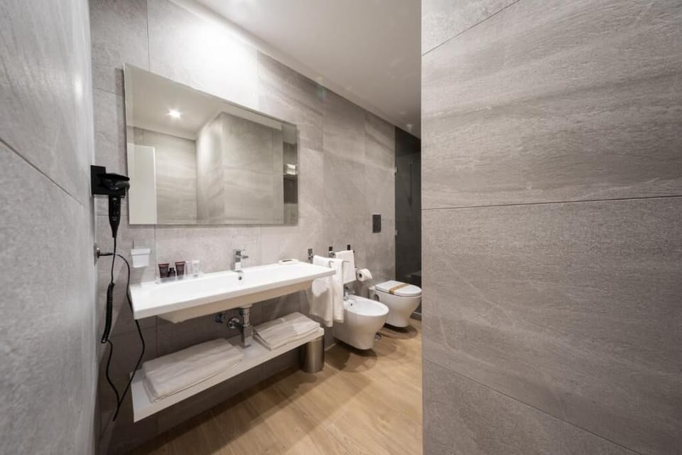 Hair dryer, bidet, towels, soap