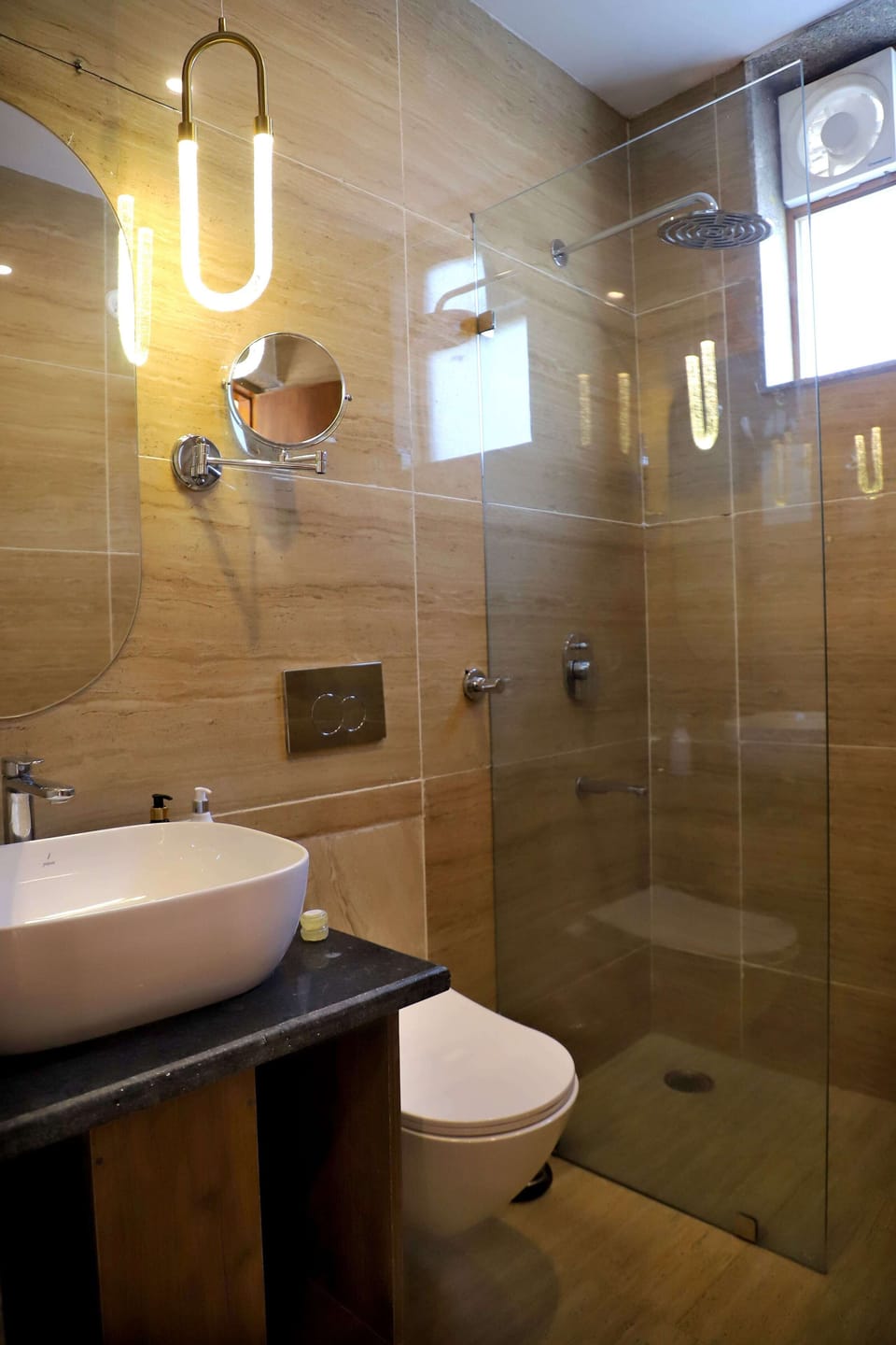 Shower, slippers, towels, soap