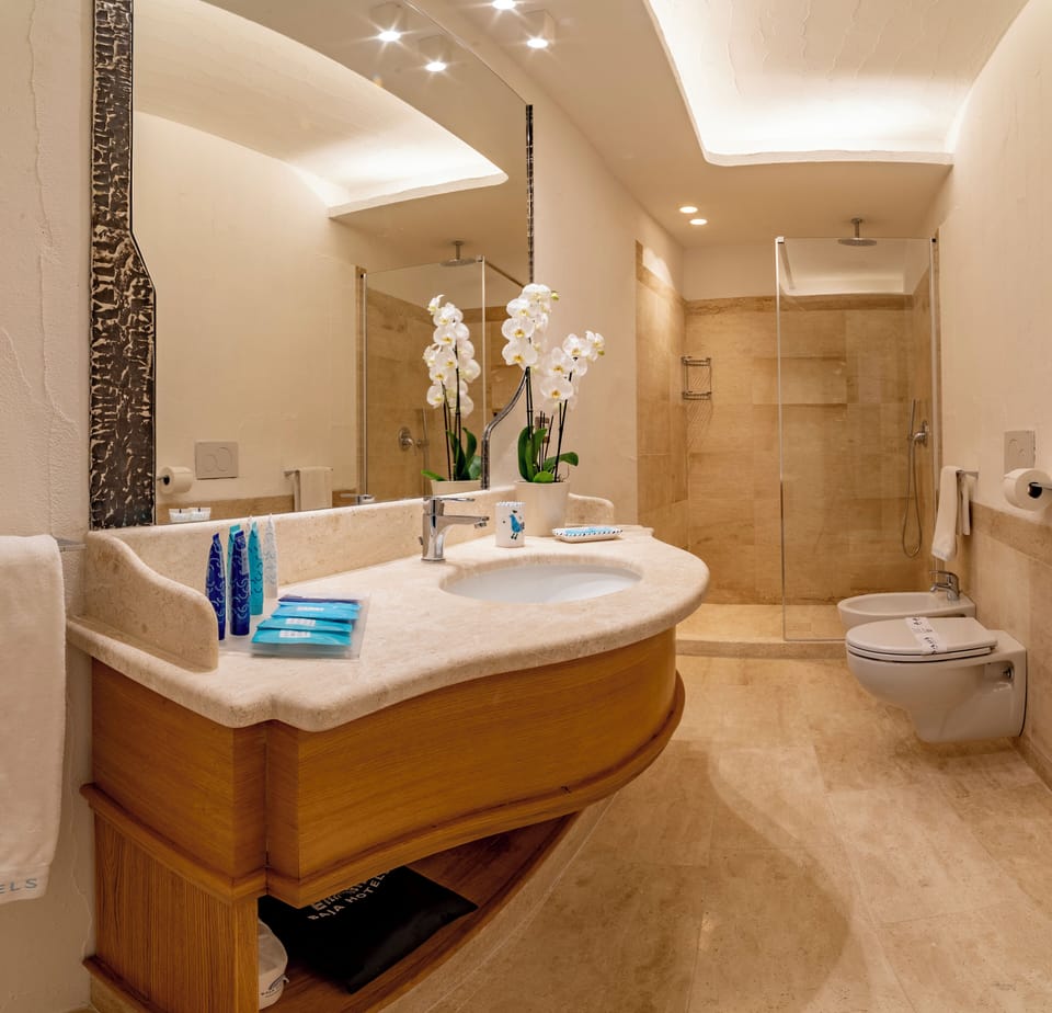 Junior Suite Deluxe Vista Mare | Bathroom | Free toiletries, hair dryer, bidet, towels