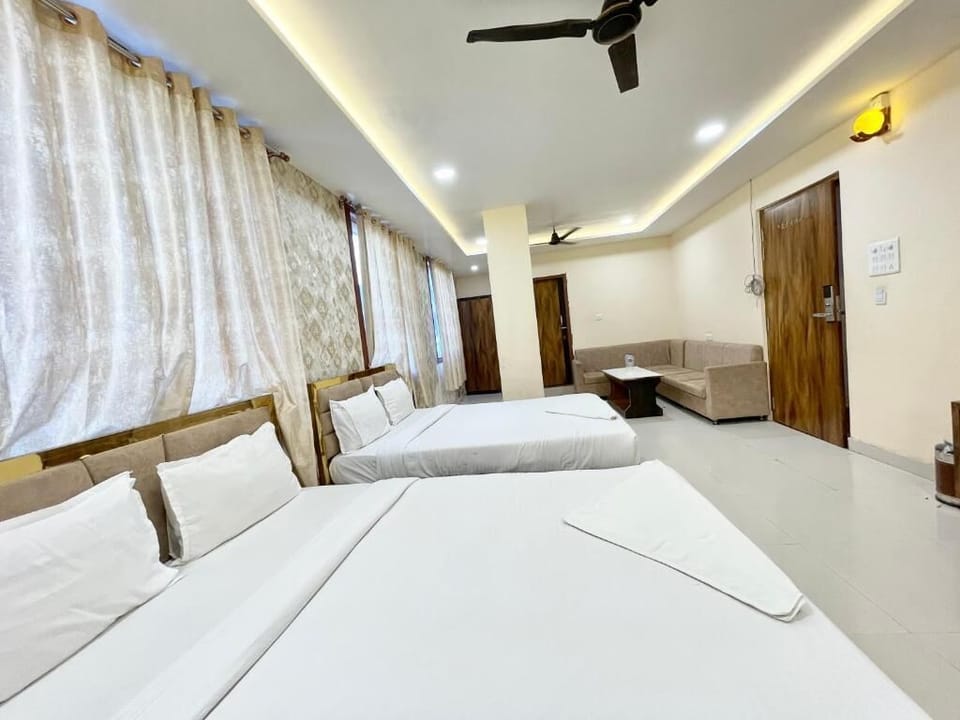 Premium bedding, desk, laptop workspace, soundproofing