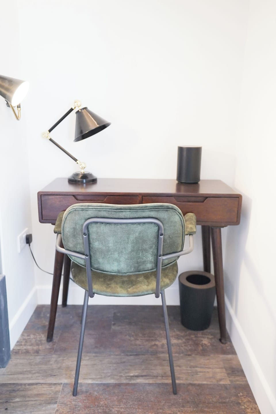 Desk, laptop workspace, blackout drapes, soundproofing