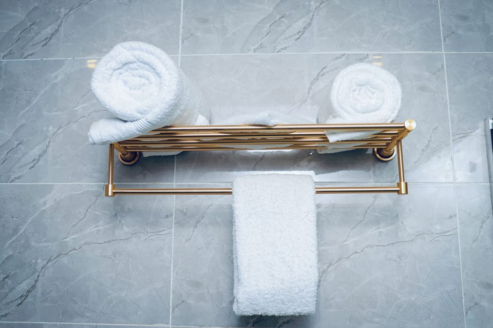 Shower, towels, soap, toilet paper