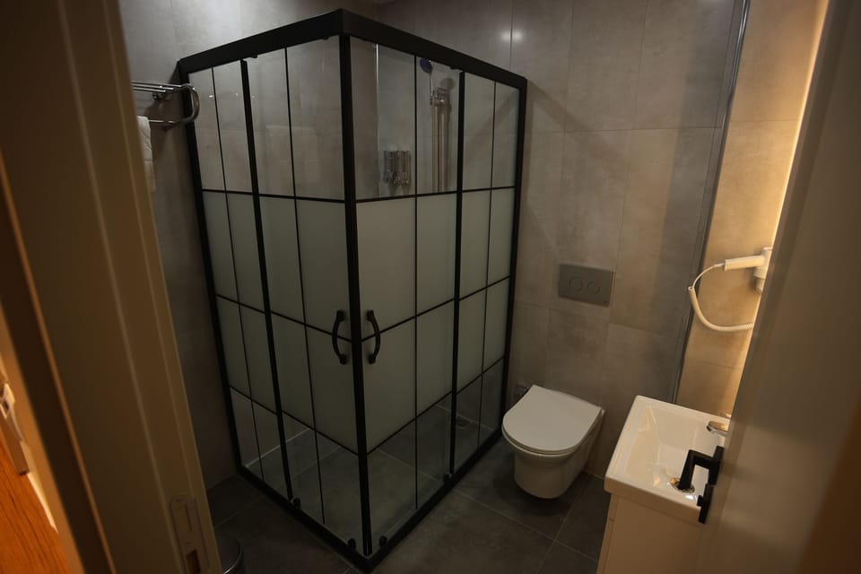Shower, free toiletries, hair dryer, slippers