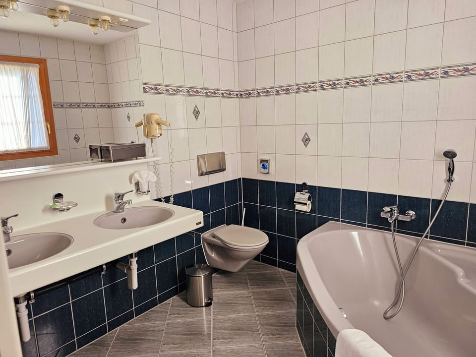 Hair dryer, towels, soap, shampoo