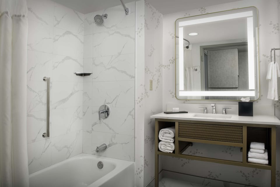 Combined shower/tub, free toiletries, hair dryer, towels