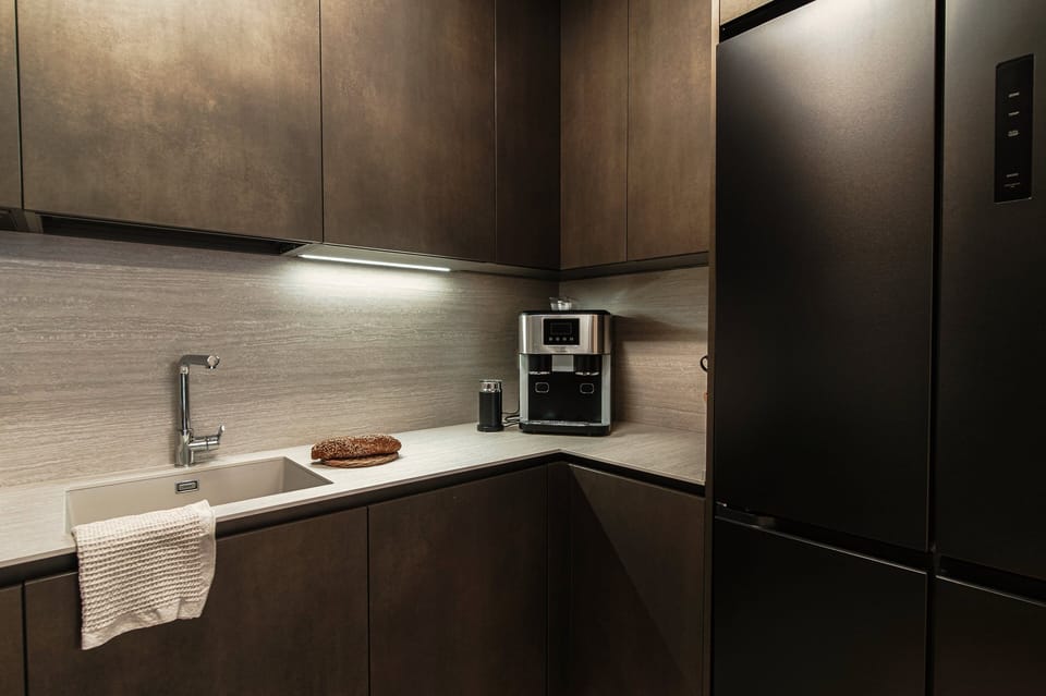 Apartment | Private kitchen | Full-size fridge, microwave, oven, stovetop
