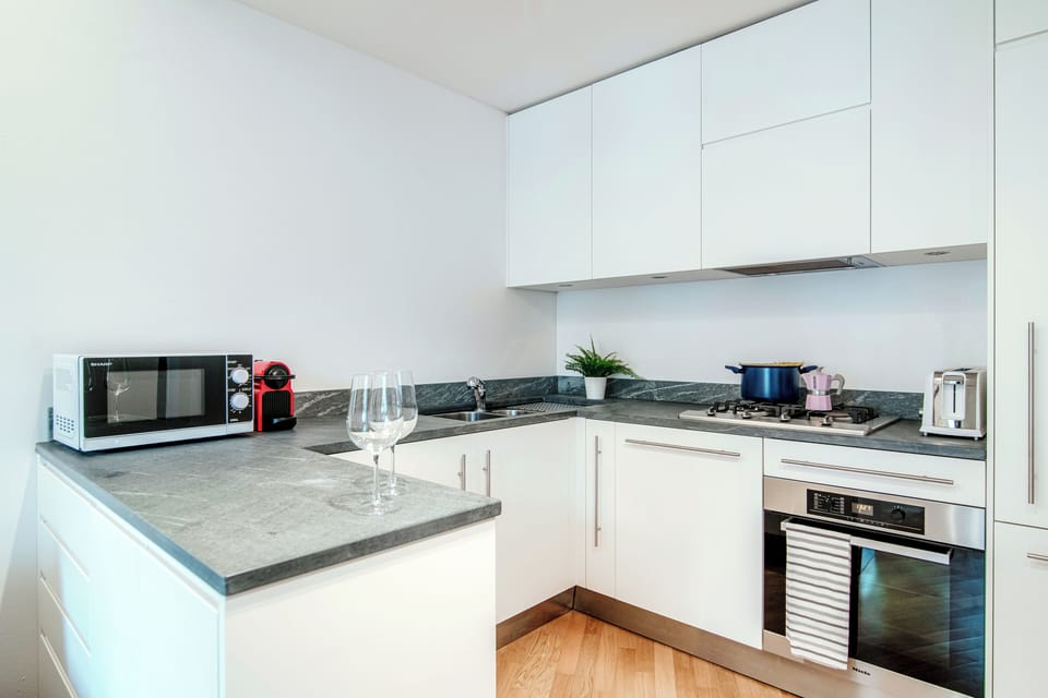 Apartment, Balcony, Partial Lake View | Private kitchen | Fridge, microwave, oven, stovetop