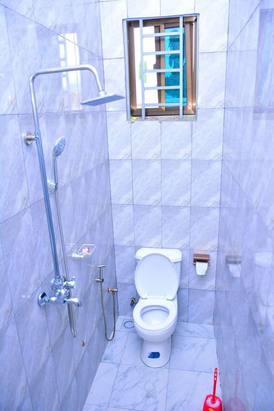 Shower, slippers, towels, soap