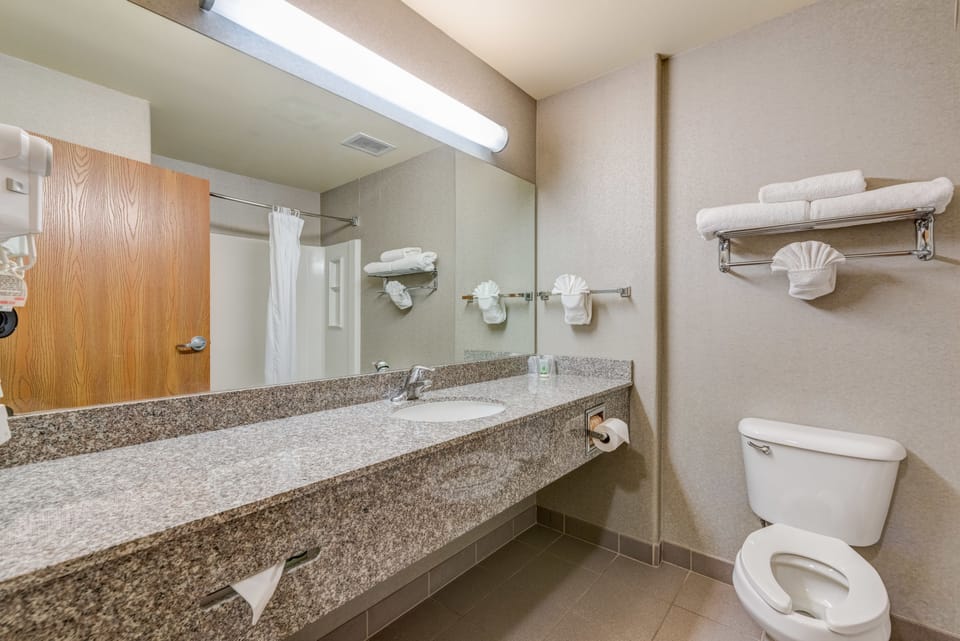Standard Room, 2 Queen Beds | Bathroom | Shower, hair dryer, towels