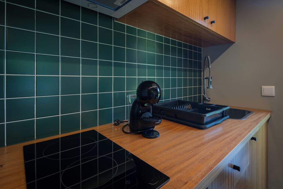 Mini-fridge, microwave, oven, stovetop