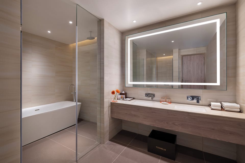 Shower, free toiletries, hair dryer, bathrobes