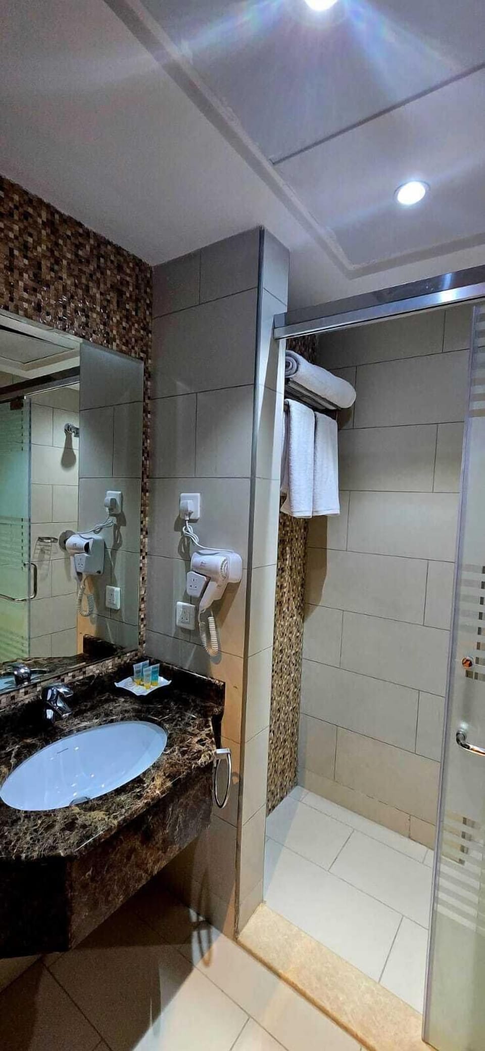 Shower, towels, toilet paper