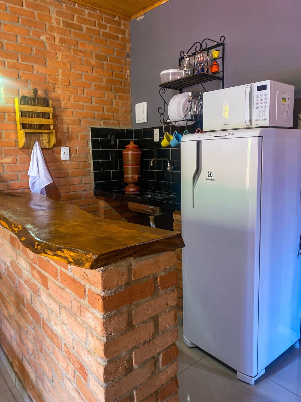 Fridge, microwave, cleaning supplies