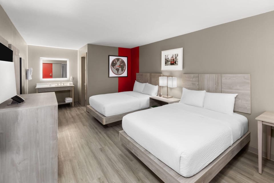 Room, 2 Double Beds, Non Smoking | Desk, laptop workspace, blackout drapes, iron/ironing board