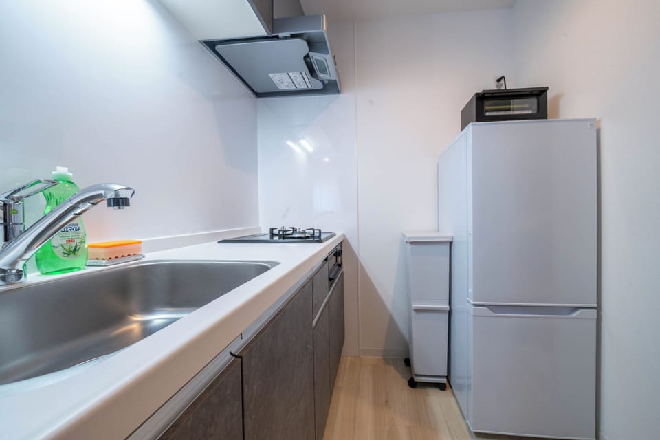 Fridge, microwave, stovetop, electric kettle