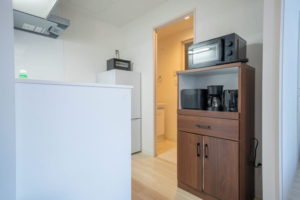 Fridge, microwave, stovetop, electric kettle