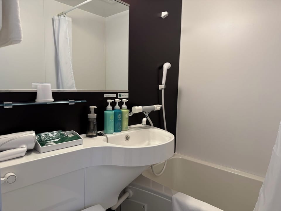 Combined shower/tub, hair dryer, slippers, towels