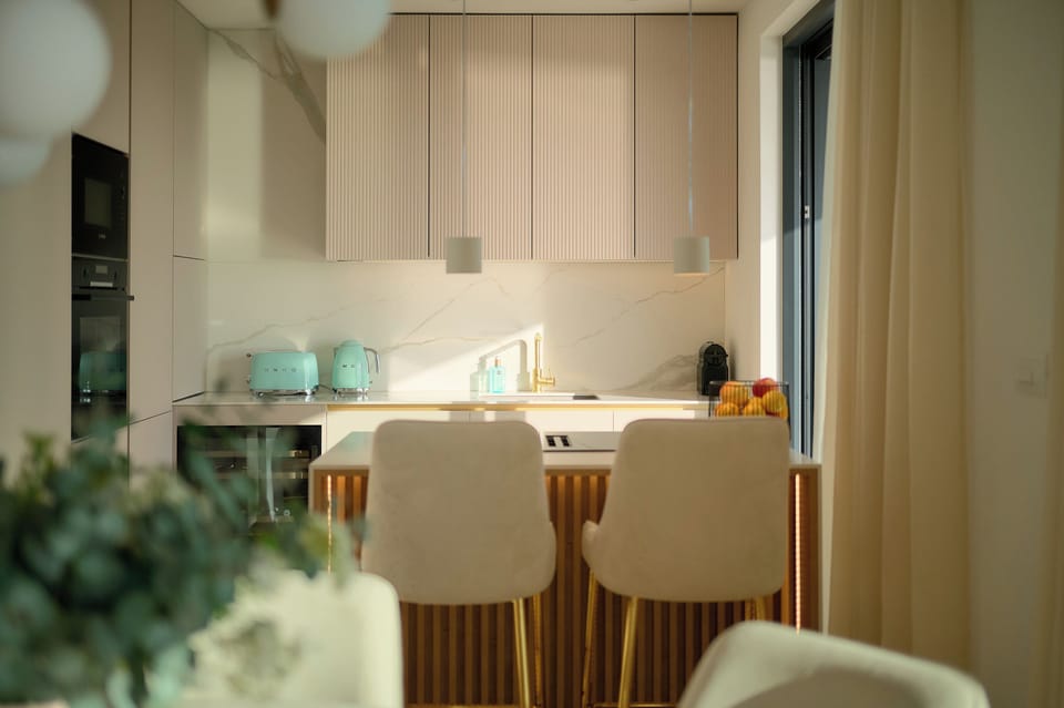 Deluxe Apartment | Private kitchen | Fridge, microwave, oven, stovetop