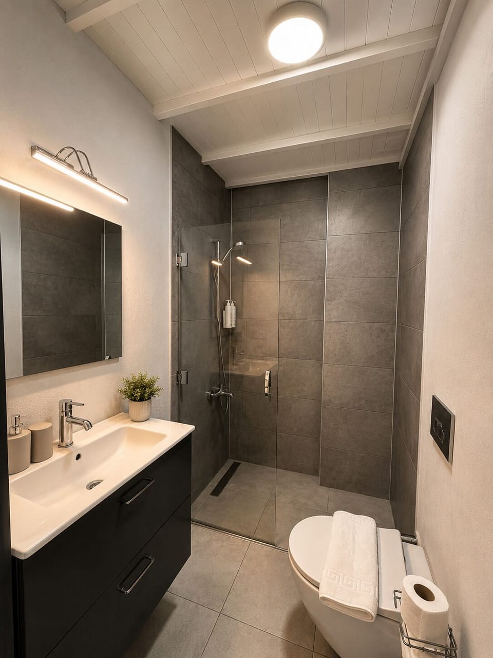 Shower, hair dryer, slippers, towels