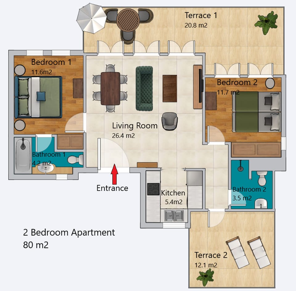 Apartment, 2 Bedrooms, Balcony, Pool View | Floor plan