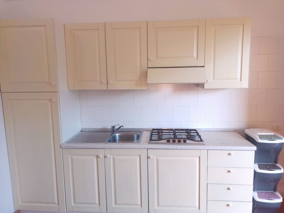 Fridge, stovetop, cookware/dishes/utensils, cleaning supplies