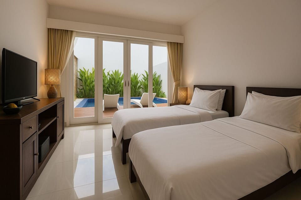 Deluxe Twin Room, Pool View | Premium bedding, pillowtop beds, minibar, desk