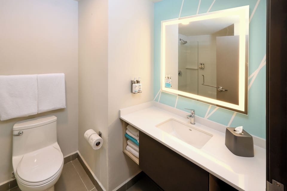 Shower, rainfall showerhead, hair dryer, towels