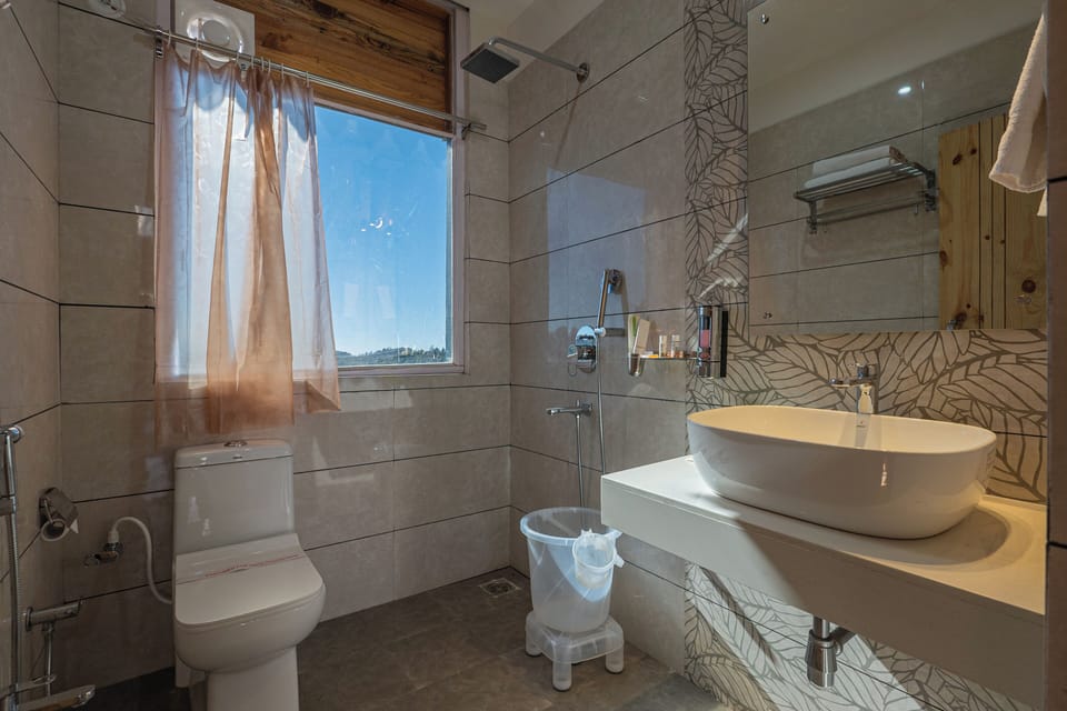 Shower, slippers, towels, soap