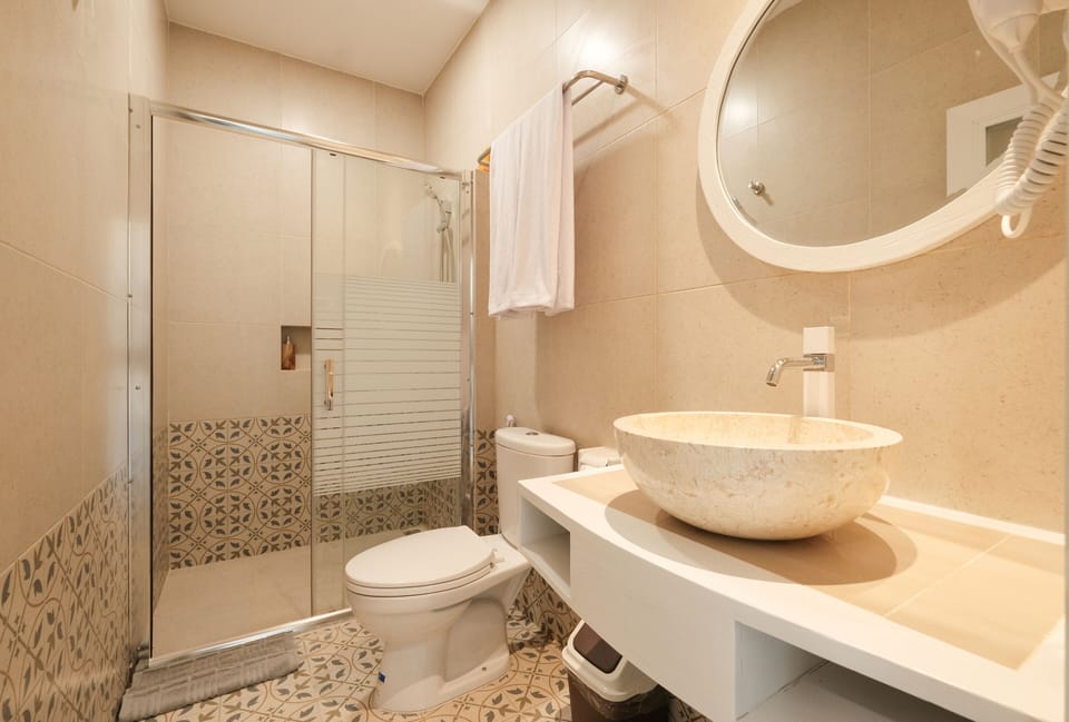 Shower, hair dryer, bidet, towels
