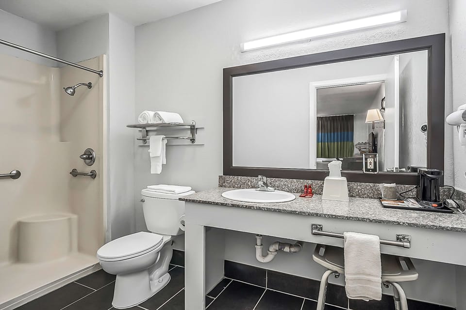 Combined shower/tub, free toiletries, hair dryer, towels