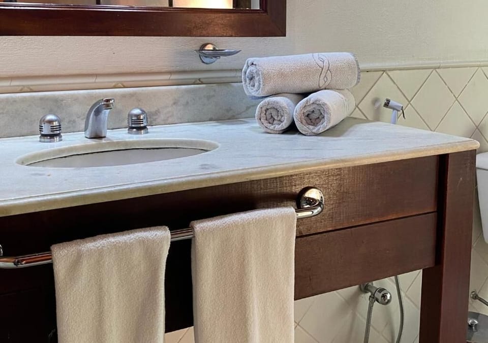 Hair dryer, towels, soap, shampoo