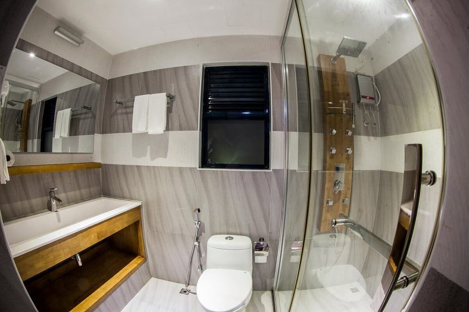 Shower, free toiletries, hair dryer, soap