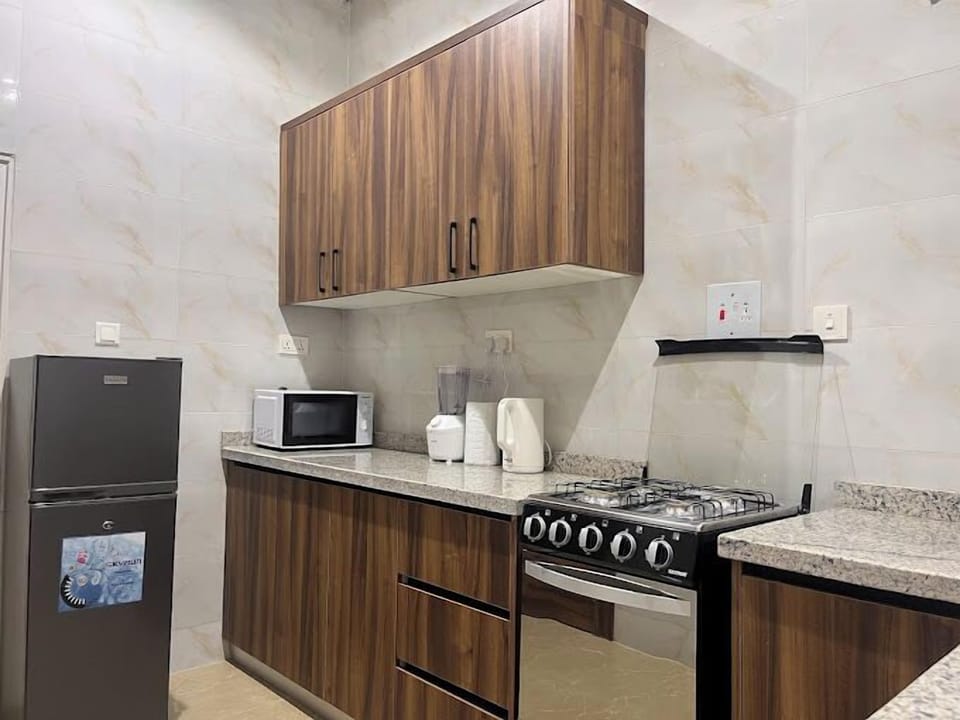 Family Apartment, Balcony, City View | Private kitchen | Fridge, microwave, oven, stovetop