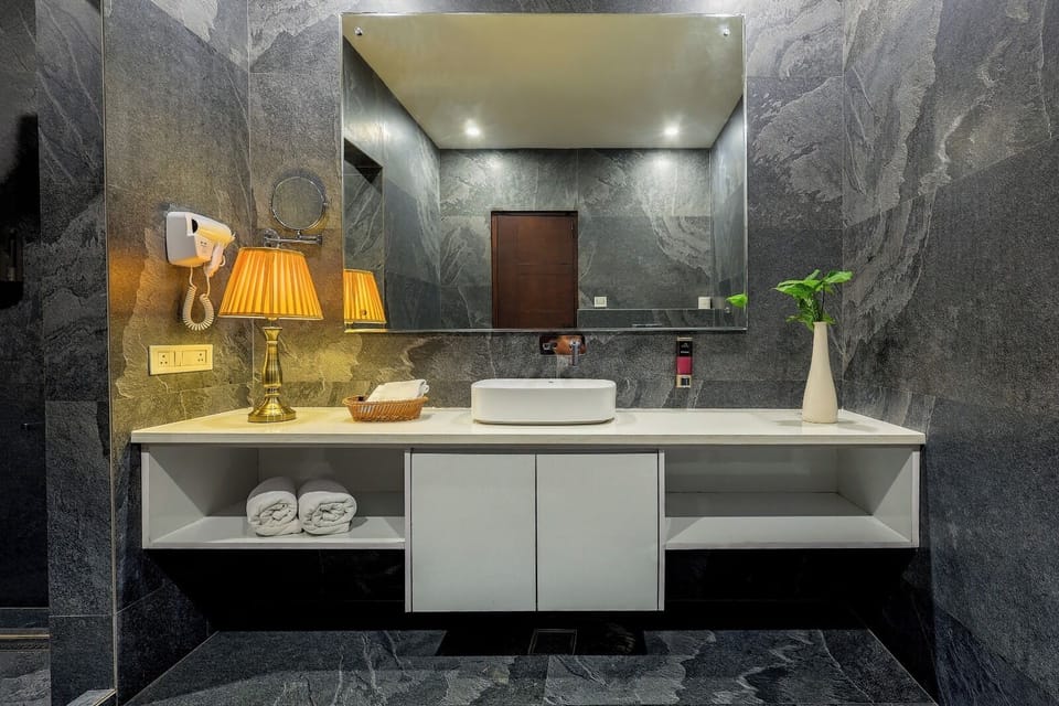 Shower, towels, soap, shampoo