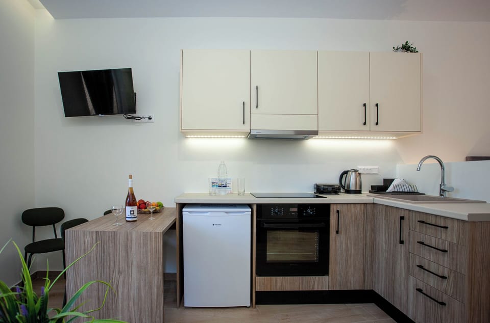 Comfort Double Room | Private kitchen | Fridge, oven, highchair, cookware/dishes/utensils