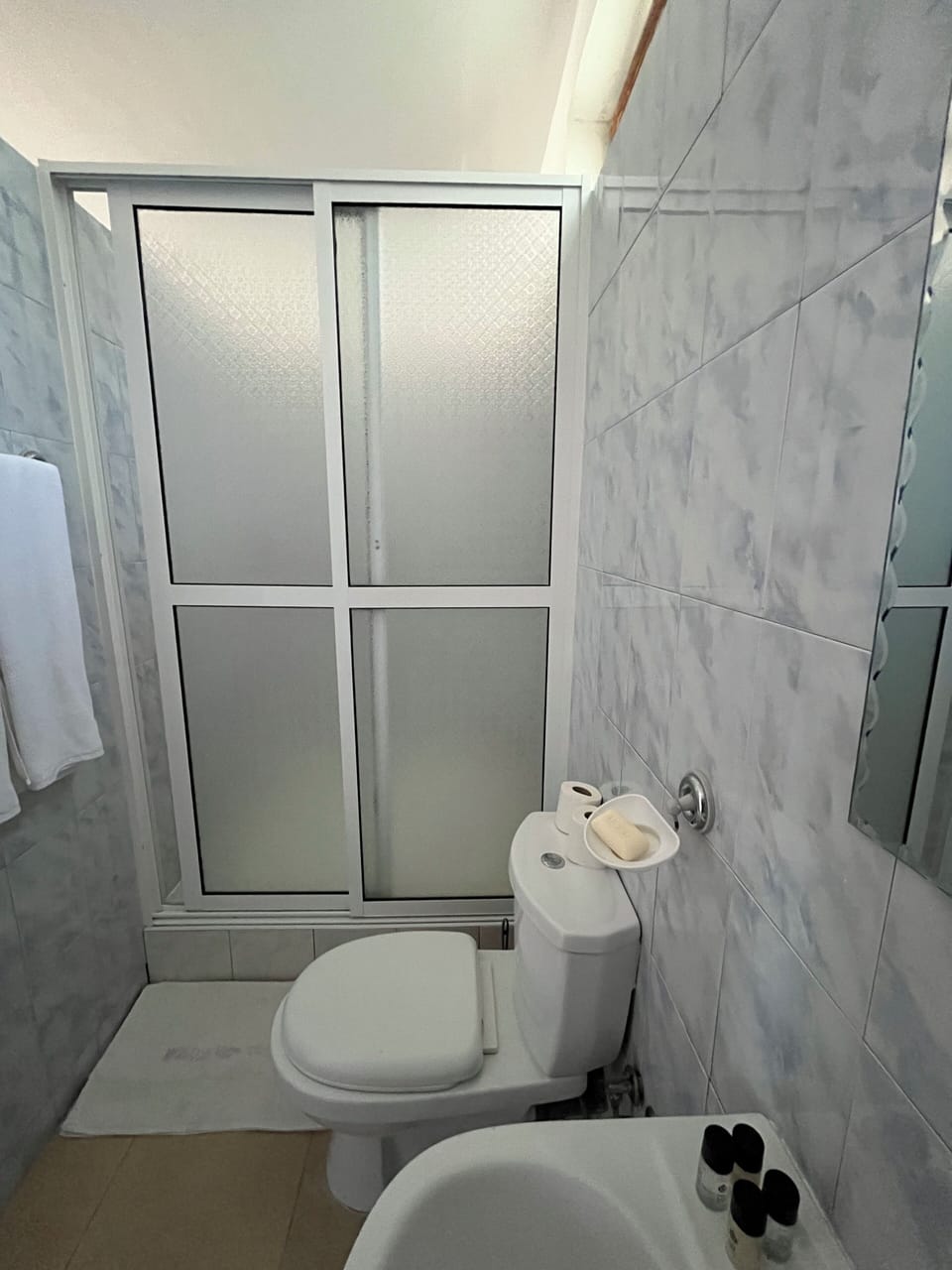 Shower, towels, soap, shampoo