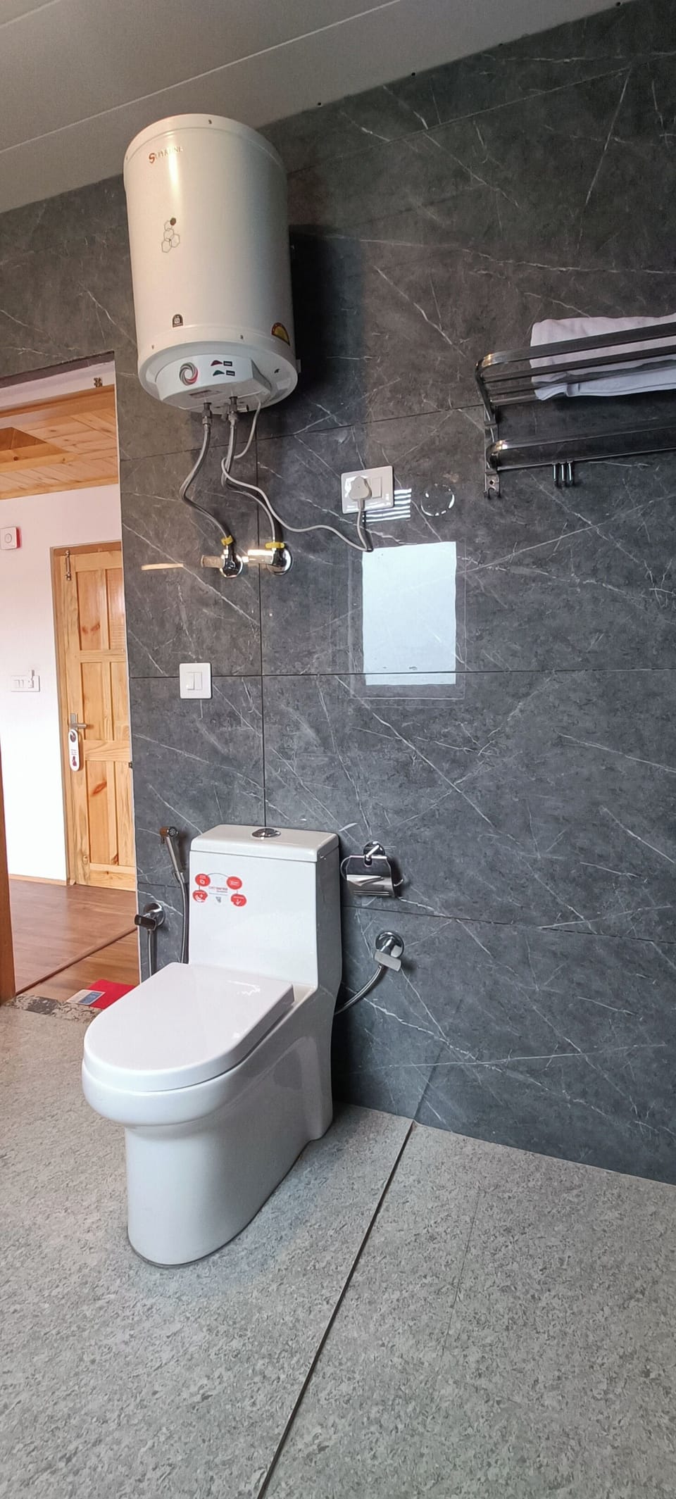 Shower, rainfall showerhead, designer toiletries, slippers