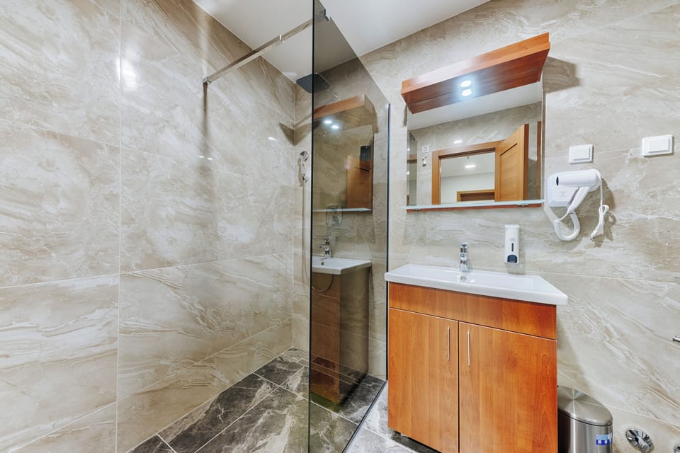 Shower, free toiletries, hair dryer, bathrobes