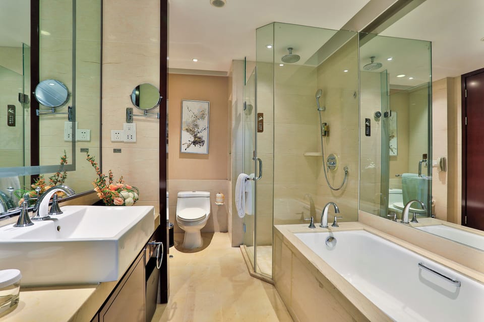 Shower, rainfall showerhead, free toiletries, hair dryer