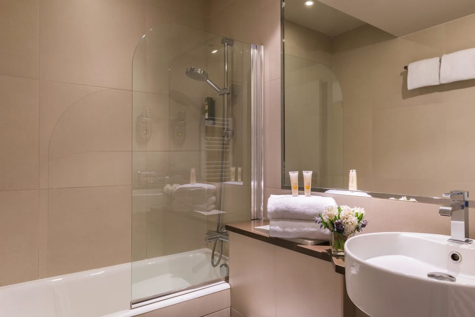 Shower, free toiletries, hair dryer, towels