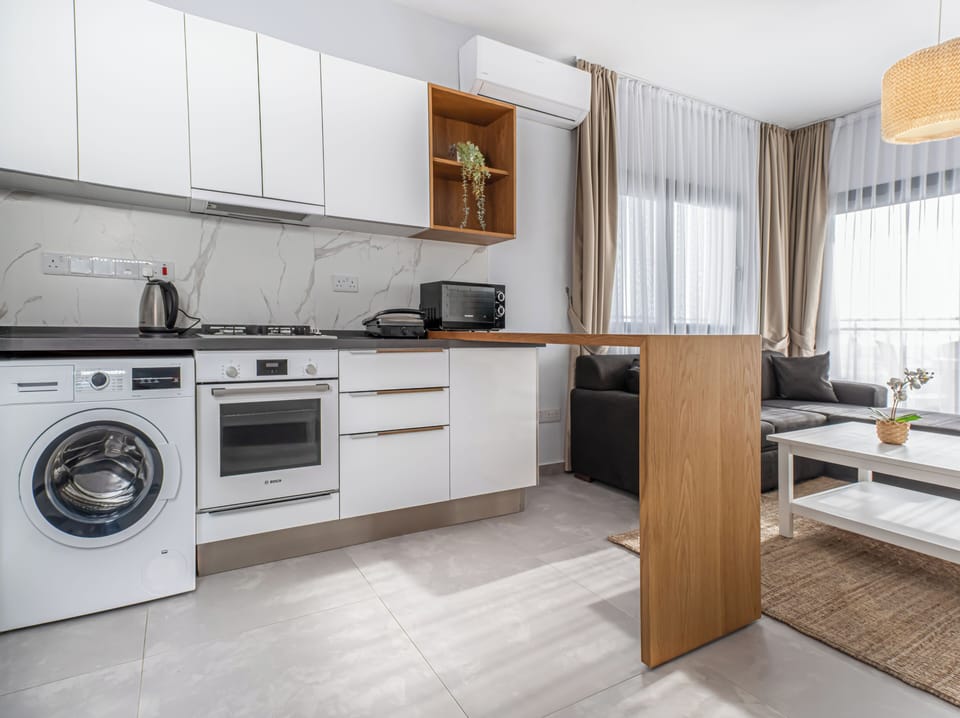 Deluxe Apartment | Private kitchen | Fridge, microwave, oven, stovetop