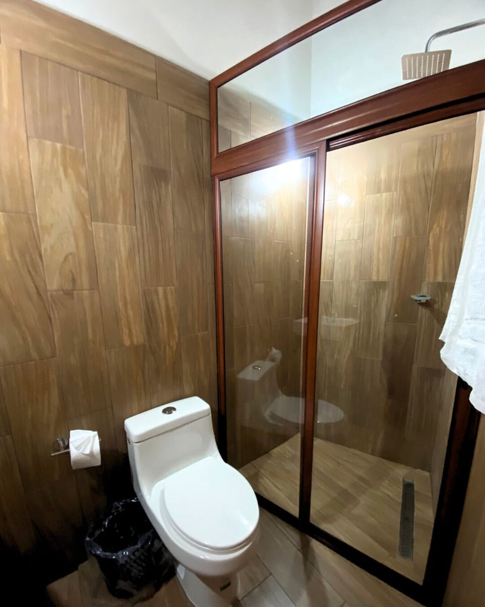 Shower, towels, soap, shampoo