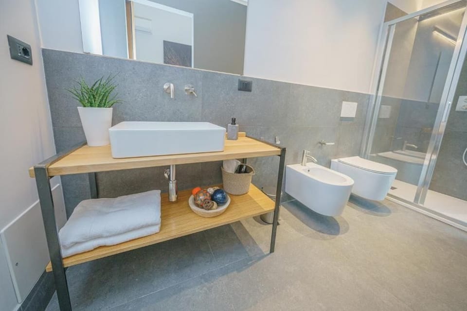 Shower, hair dryer, slippers, towels