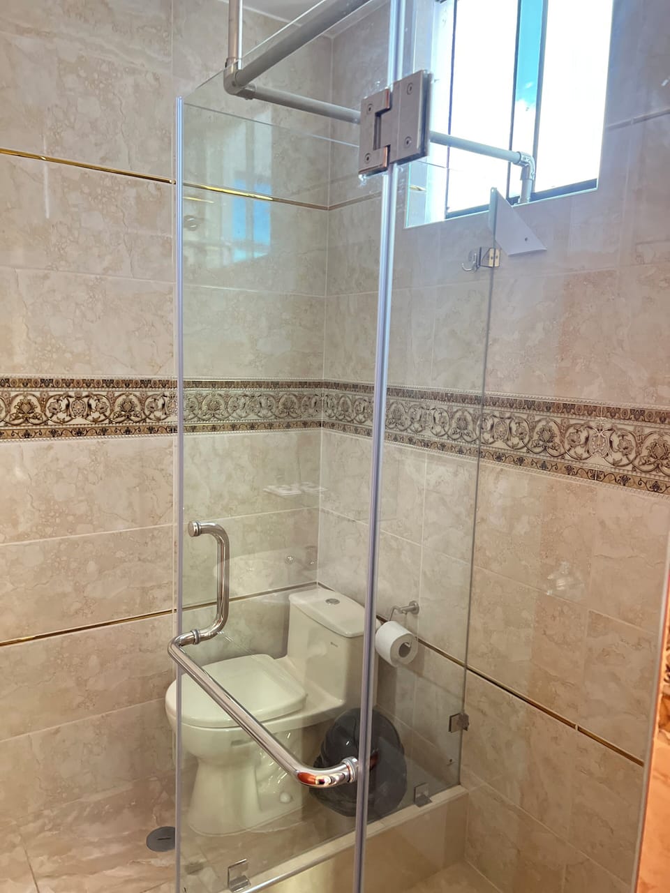 Shower, towels, soap, shampoo