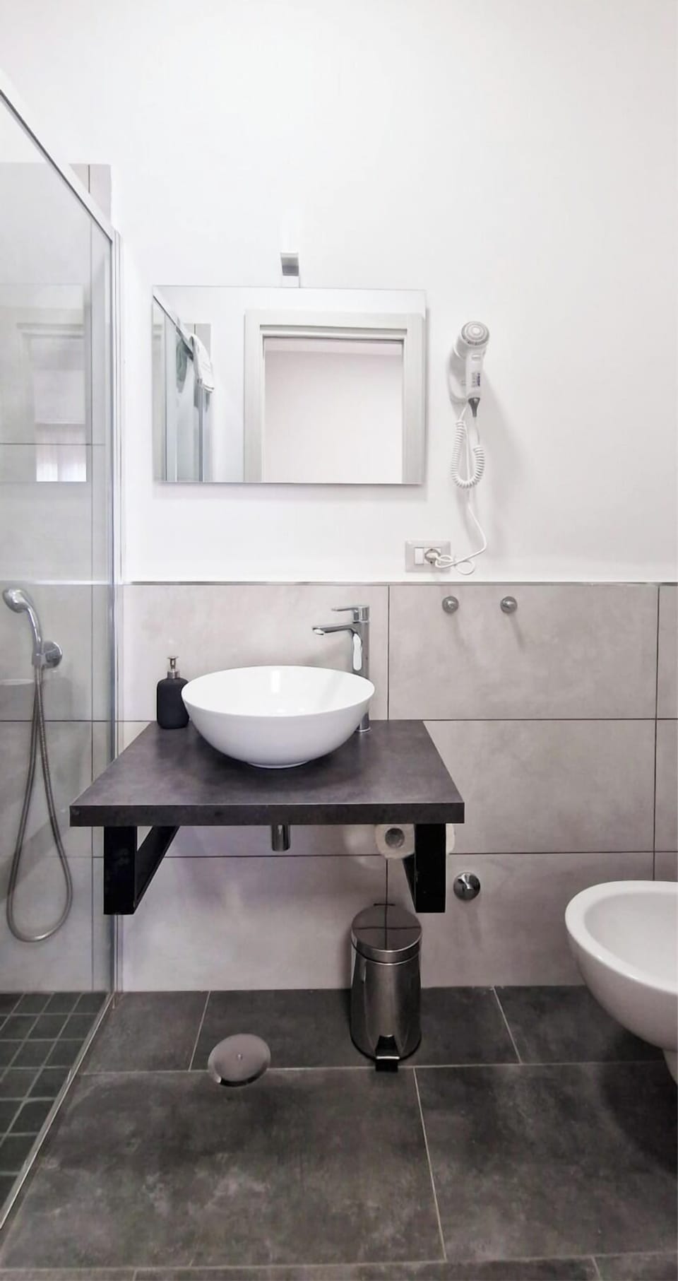 Hair dryer, bidet, towels, soap