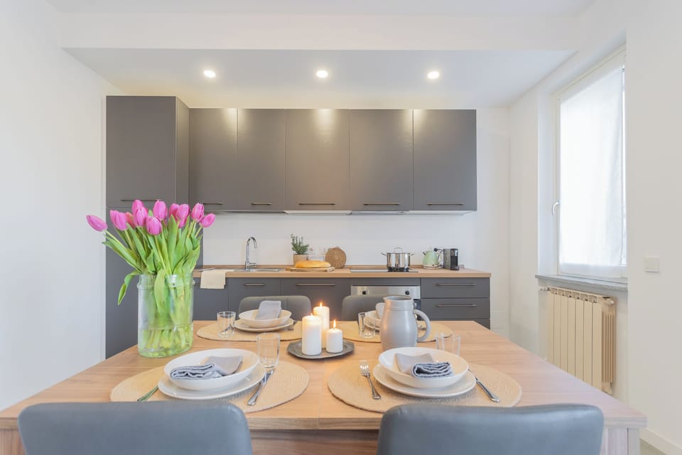 Apartment (1 Bedroom) | Private kitchen | Oven, espresso maker, electric kettle, highchair